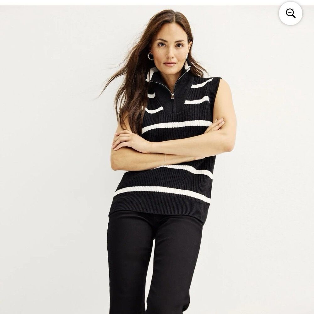 Nine West Vest Sweater Size Medium Quarter Zip Black And White Stripe Women's